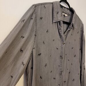 Jane And Delancey Gray Casual Shirt Grey W French Bulldogs Button Sleeves Size M